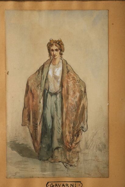 null Femme au châle,

aquarelle

portant un cartouche Gavarni

24,5 x 15 cm (feuille)

encadrée...