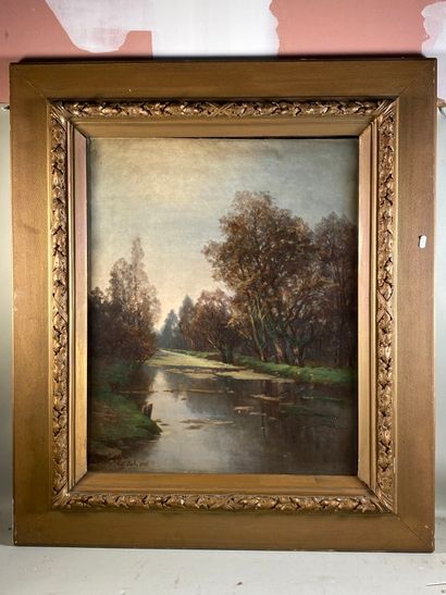 null DULUC Noëly (1864-1952) "Paysage à la rivière" huile sur toile signée en bas...