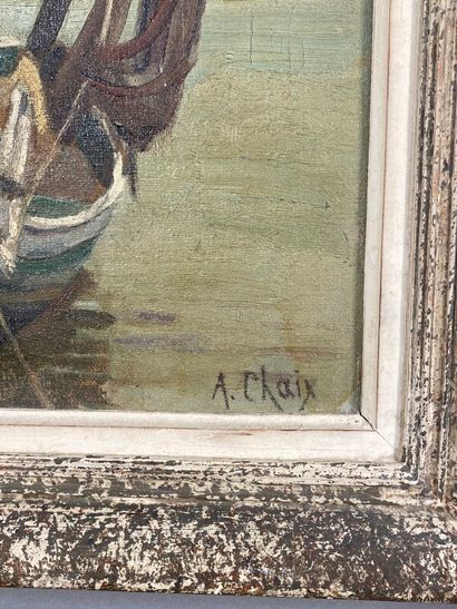 null CHAIX Auguste (1860-1922) " Bateau amarré à un piquet" huile sur toile signée...