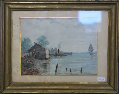 null "Le bateau lavoir à Lormont" aquarelle 21,5 x 29 cm - cadre doré