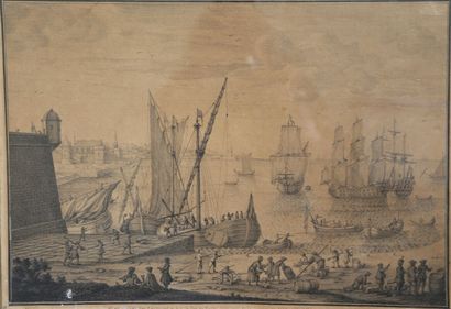 null VERNET J.C. (1714-1789) "Vue de port" marqué en marge "offert et dédié par J.C....