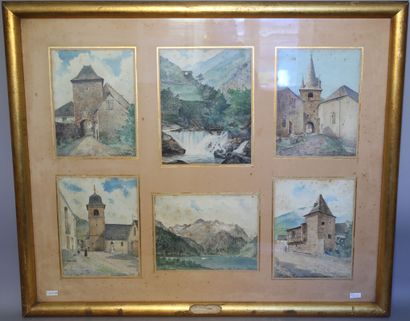 null BAC A. "Paysages et vue de Village" six aquarelles dans un cadre demi-jonc doré...