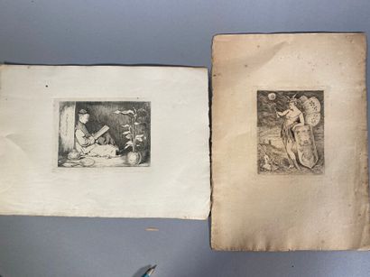 null FREDCHE deux gravures : "Chinois à la lecture", "femme ailée" 22 x 31 et 31...