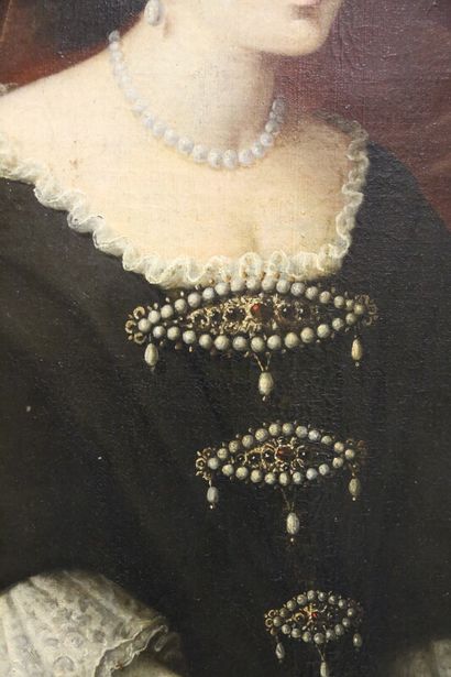 null Grand portrait de femme dans le goût du XVIIe portant une robe à perles,

Avec...