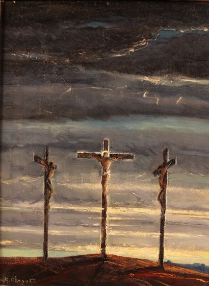 null CHAPATTE Henri (1918-1997) - huile sur isorel - "Crucifixon" - signé en bas...