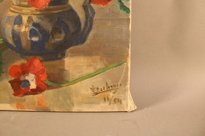 null Ecole Francaise XX° siècle - "nature morte au vase de fleurs" - Huile sur toile...