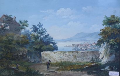null Wyfs E. P 1795 "Paysage de bord de mer animée" aquarelle marouflée sur panneau...