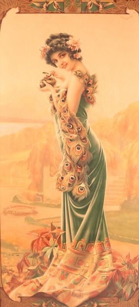 null GASPAR CAMPS Y JUNYENT (1845-1942) - "Femme aux plumes de paon" - affiche couleurs...