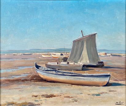 null GUEIT Louis Marius (1877-1956) "Pinasses sur le Bassin d'Arcachon" huile sur...