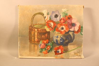 null Ecole Francaise XX° siècle - "nature morte au vase de fleurs" - Huile sur toile...
