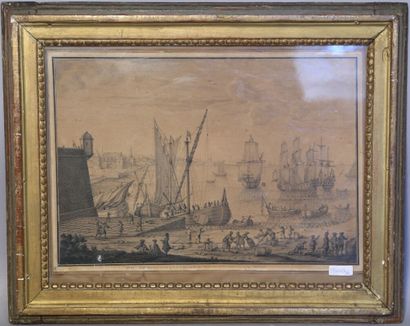 null VERNET J.C. (1714-1789) "Vue de port" marqué en marge "offert et dédié par J.C....