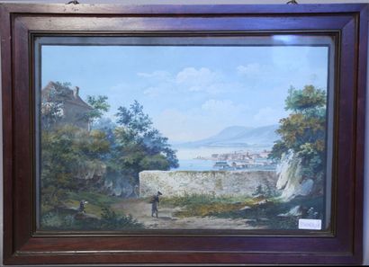 null Wyfs E. P 1795 "Paysage de bord de mer animée" aquarelle marouflée sur panneau...