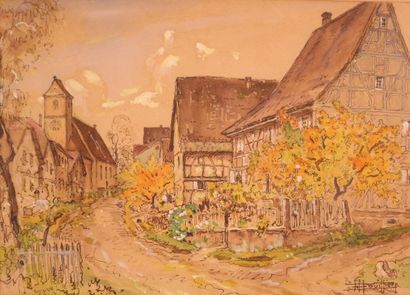 null HOUILLIERE - Ecole francaise XX° siècle - rue de village - lavis aquarellé -...