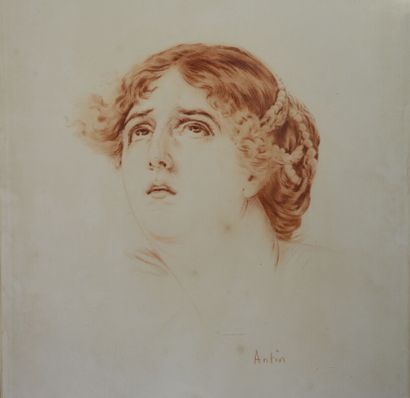 null ANTIN (1863-1930) "Portrait de femme" estampe façon sanguine signée en bas à...