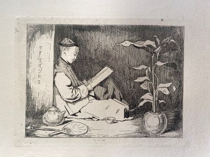 null FREDCHE deux gravures : "Chinois à la lecture", "femme ailée" 22 x 31 et 31...