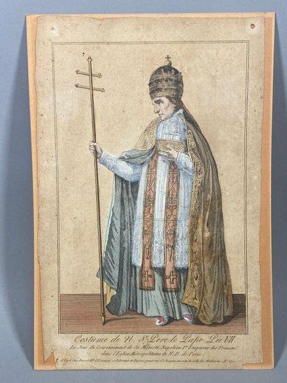 null Gravure XIXème : "Costume de N. St Père Le Pape Pie VII, Le jour du Couronnement...