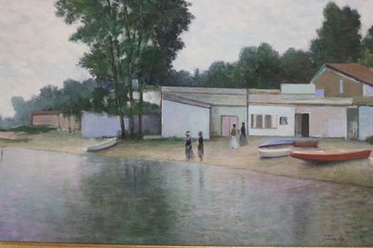 null ZNOSKO Jean (1954) Bord de rivière animé - Huile sur toile signée en bas à droite...