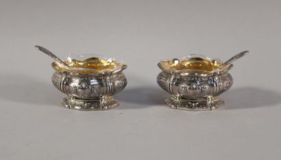 null Pair of silver oval saltshakers with glass and two salt scoops. Minerva mark...