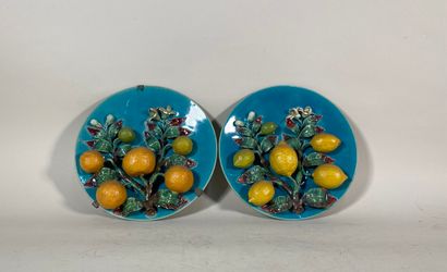 null Pair of earthenware plates with trompe l'oeil decoration of lemons and mandarins

Ø....