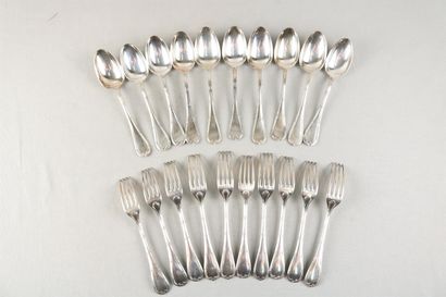 null CHRISTOFLE, ten large Louis XVI style silver-plated flatware with crossed r...