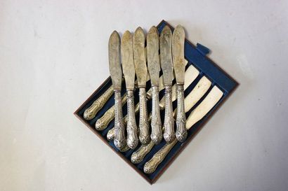 null Douze couteaux en métal argenté à poisson, lame à décor de poisson