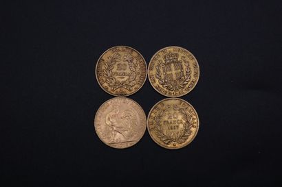 null Four gold coins: 3 x 20 F 1851 A / 1857 / 1913 and a 20 lira Charles Albert...