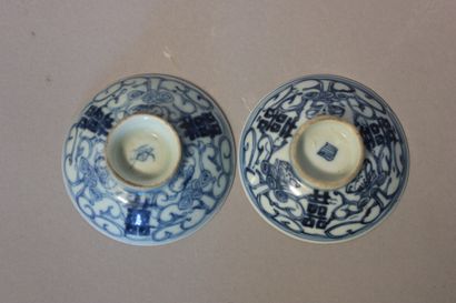 null Deux petites soucoupes en porcelaine décor en camaieu bleu de caractères Ø....