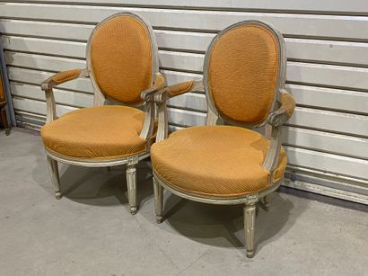 null Paire de fauteuils Louis XVI à dossier cabriolet en bois naturel laqué gris...