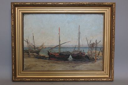 null VERGEZ Eugène (1846-?), "Bateaux de pêche aux Martigues"

Huile sur toile signée...