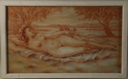 null ANSEAUX-TIXIER Fernand Alfred Clément - Naked woman lying in a landscape - pastel...