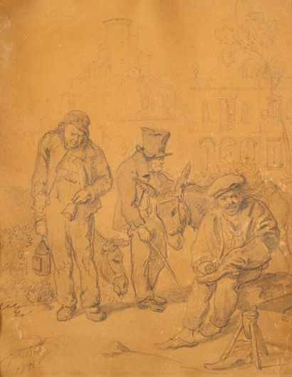 120 BOILLY Jules (1796-1874) "Scene of life -men and donkeys" pencil drawing signed...