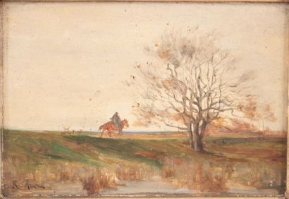 null ARUS Raoul (1848-1921) Rider in an autumn landscape - oil on panel, signed lower...