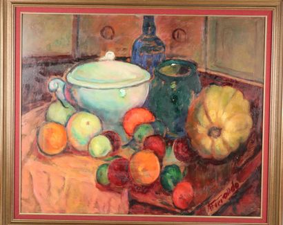 null FERRANDO Augustin (1880-1957) Still life with fruit and soup tureen, oil on...