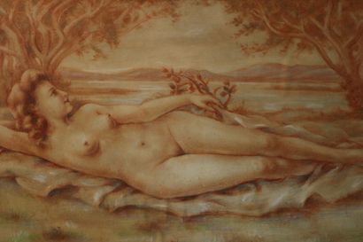 null ANSEAUX-TIXIER Fernand Alfred Clément - Naked woman lying in a landscape - pastel...
