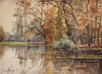 null DE MESMAY Gabriel (XIX-XX) Autumnal animated river bank - watercolour signed...