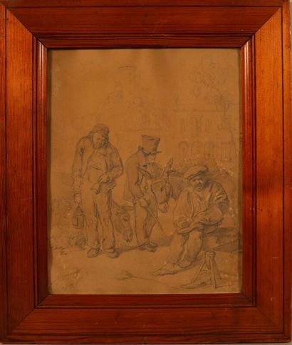 120 BOILLY Jules (1796-1874) "Scene of life -men and donkeys" pencil drawing signed...