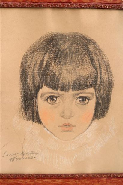 null FERRANDO Augustin (1880-1957) Portrait of a child with fringe, pastel on paper,...