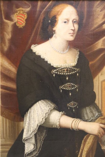 null Grand portrait de femme dans le goût du XVIIe portant une robe à perles. Avec...