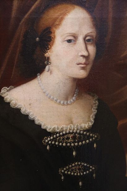 null Grand portrait de femme dans le goût du XVIIe portant une robe à perles. Avec...