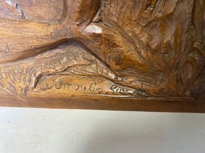 null DEMOULIN Guy, Femme et les trois sirènes, Bas-relief en bois sculpté, signé...