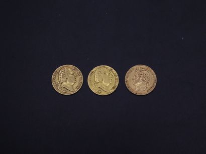 null Trois pièces de 20 francs or : Louis XVIII 1817 et 1818 A et Louis Philippe...