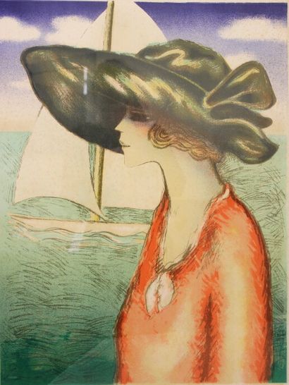 null CASSIGNEUL Jean-Pierre (1935) Femme au chapeau et voilier. Lithographie couleurs...