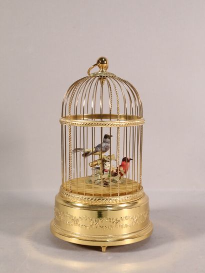 null Cage aux oiseaux chanteurs, automate de forme circulaire en laiton doré à décor...