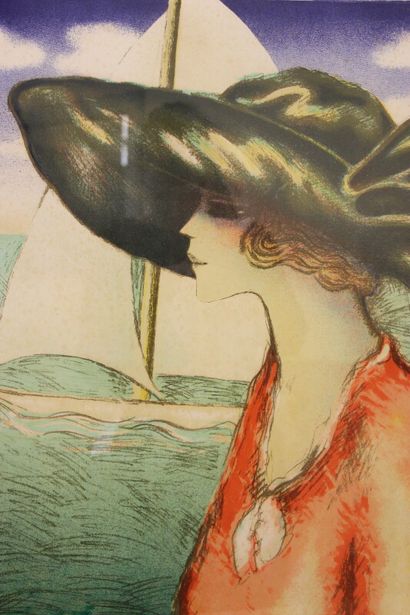 null CASSIGNEUL Jean-Pierre (1935) Femme au chapeau et voilier. Lithographie couleurs...