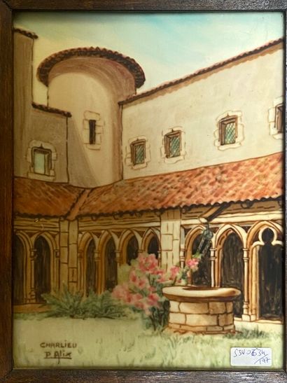 null ALIX P. "Abbaye de Charlieu" peinture sur verre signée en bas à gauche et situé...
