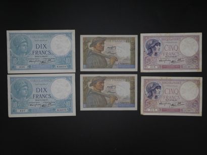 null BANQUE DE FRANCE, ensemble de six billets : 5 francs type 17 violet (x 2) /...