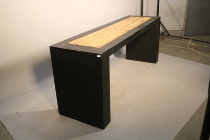 null Console moderne en bois laqué noir, plateau bambou - 71 x 183 x 50,5 cm
