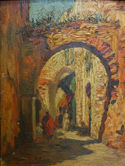 null GIORDANO DI PALMA Léon Jean (1886-?) Rue animée aux arcades - huile sur panneau...