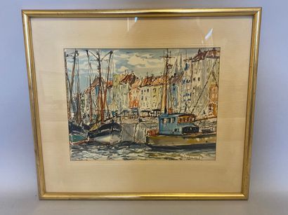 null THIBAUDEAU Roger (1920) Bateaux de pêche à quai, Ostende, 67 - aquarelle signée...