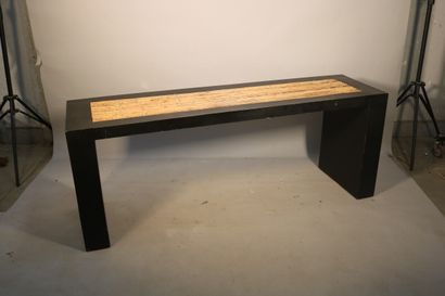 null Console moderne en bois laqué noir, plateau bambou - 71 x 183 x 50,5 cm